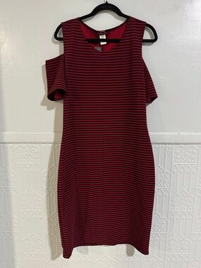Coldwater Creek Red and Black Cold-Shoulder Striped Midi Dress
